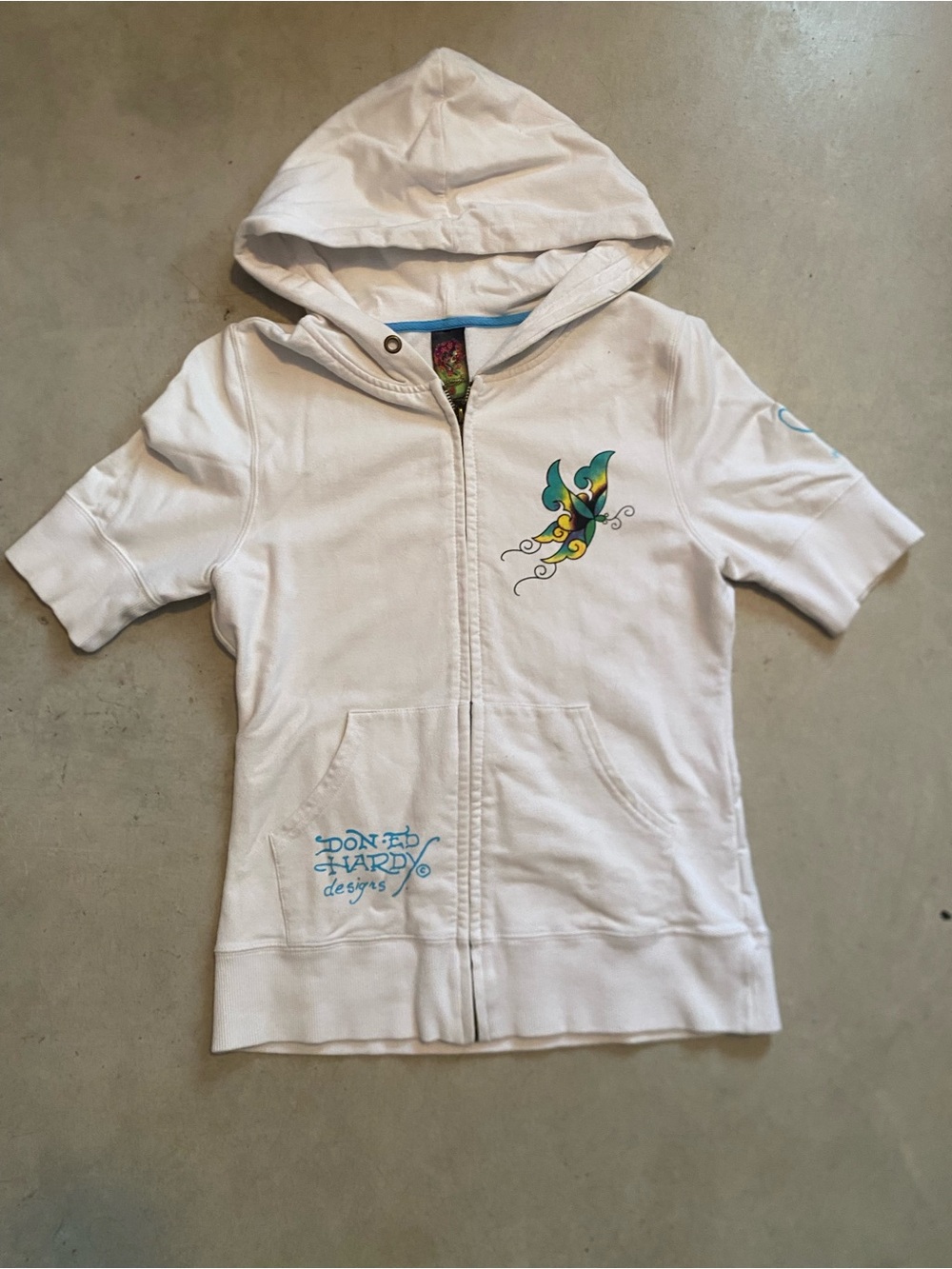Don Ed Hardy White Hooded Short-Sleeve Zip Up